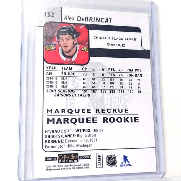 Alex Debrincat Marquee Rookies 2017-18 Card #152 Chicago Blackhawks - Picture 2 of 2